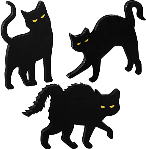 Јулејо 3 парчиња Ноќта на вештерките црна мачка дрво декори Дрвена црна мачка силуета декор Ноќта на вештерките дрво мачка маса централен