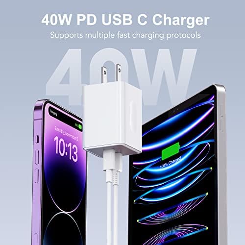 【2023 Нов】 Wallиден полнач на】 40W USB-C, [MFI овластен] Двојна порта 20W PD 3.0 USB тип Ц Брзо полнење на блок-приклучок Адаптер со кабел за полнење 2x6ft за iPhone 14 13 12 11 Pro Max, iPad Pro, Samsung