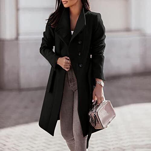 Женски ров со палто на палто на палто со дебела грашок со дебела грашок со цврста боја на средна јакна со џебови со џебови