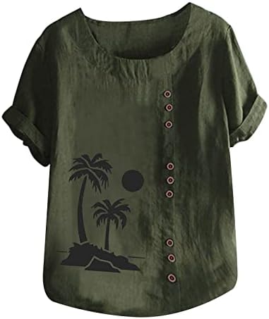 Преголеми врвови за жени памучни постелнина маички за кратки ракави модни тропски печатени кошули со кошули со кошули