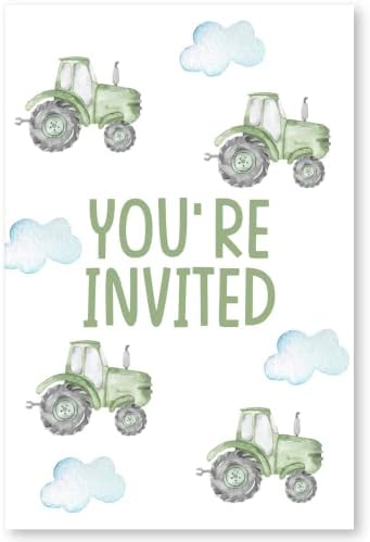 SOICEU симпатична трактор 1 -ви роденденска забава со покани со коверти од 20 Зелени момчиња фарма 1 -ви 1 година стари покани за прв