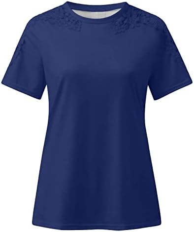 Женски симпатична чипка блуза врвна летна кратка ракав чипка шуле од обични маици со тркалезен врат темно сина
