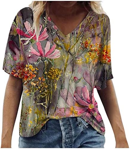 Маици за жени случајни плус големина сценско цвеќе печатење на тркалезниот врат кратки ракави пулвер блузи кошули врвови