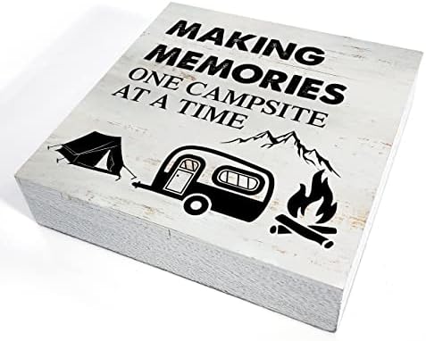Изработка на спомени еден камп -кампување дрвена кутија знак со декор за биро за изреки 5 x 5 инчи RV кампер за патувања приколка знак дрво