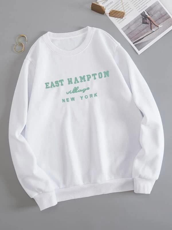 Laumeенски Laume Women East Hampton Letter Print Graphic Sweatshirt Преголема капка рамо руно тинејџери кошула за пулвер
