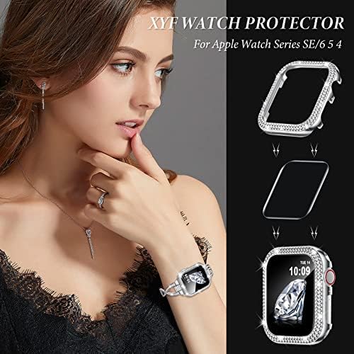 XYF [1+3] Компатибилен за Apple Watch 44mm Bling Case со заштитници на екранот SE/Series 6 5 4, не'рѓосувачки метали жени, куќиште на браник со