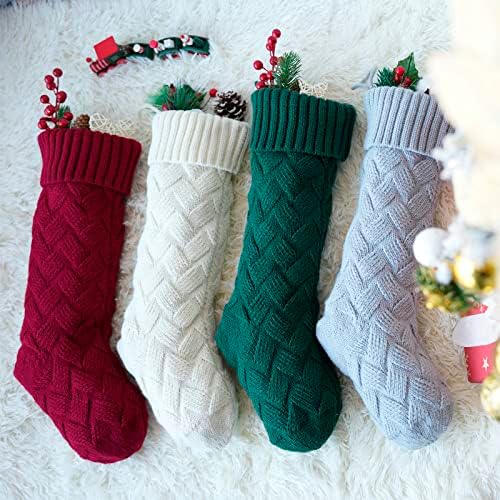 18-инчен плетени божиќни чорапи од 18-инчи, 4 пакувања од слонова коска бело ткаење Божиќни чорапи голема торба за подароци за бонбони, Божиќна