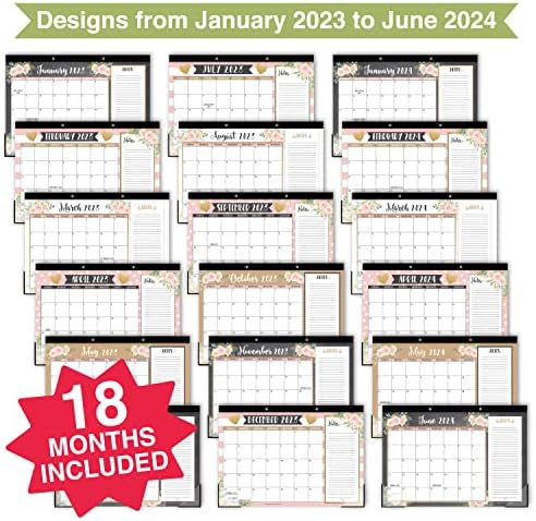 Пинк Голем биро календар 2023-2024 Календарски биро подлога-18 месеци Календар за календари за биро 2023-2024, 2023 Планер за биро 2023 Календар