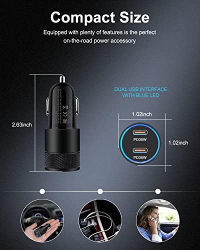УСБ Ц полнач за автомобили, адаптер за осветлување од цигари од 60W, адаптер за брзо полнење на автомобили од типот Ц за iPhone 13