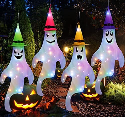 43 -инчен дух ветровик со LED светло 4 парчиња шарени капа за Ноќта на вештерките што висат украси на отворено духови украси Ноќта