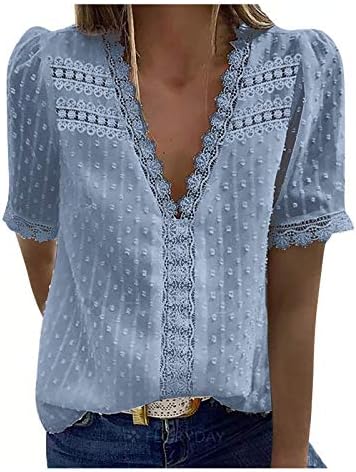 Женска маица врвна лето лето лето V-вратот цврста боја кратка ракав чипка на врвот блуза крпеница маици графички жени тунични врвови