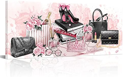 Kalormore розови модни додатоци за жени постери со слики со високи потпетици, бисери круна чанта парфем платно платно отпечатоци