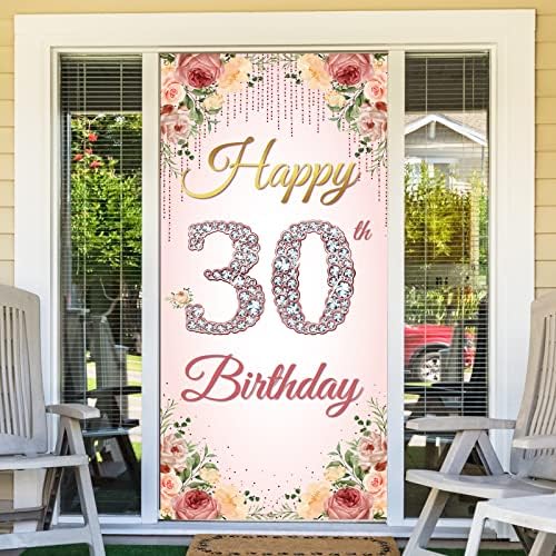 HTDZZI 30 Роденден Декорација За Жени, Среќен 30-Ти Роденден Врата Позадина Банер, 30-Ти Роденден Двор Знак Роуз Злато Цветни, 30 Години