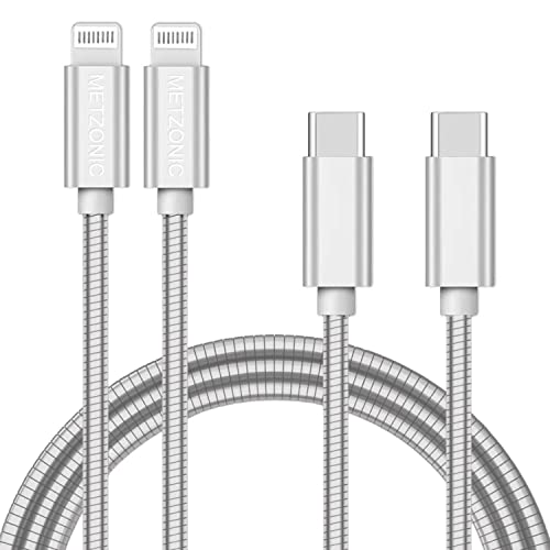 Сертифициран iPhone кабел за iPhone Metzonic MFI [2 пакет 6,6 стапки] Метален плетенка од типот Ц до молња кабел со изолација со отпорна на краток