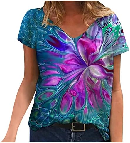 Гроздобер цветни печатени врвови за Y2K за жени, летна трендовски вратоврска боја графичка маичка со опуштено склоп на кратки ракави против