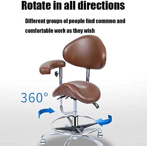 Ергономска столче за седло, прилагодлива за висина 360 ° вртење на тркалачки салон стол со поддршка за поддршка и потпирач за рака за убавина салон