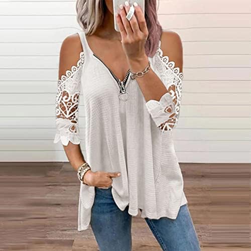 Женска маица чипка шуплива 1/2 ракави патент v-врат ладно рамо прашка плетени кошули Туника блуза врвови