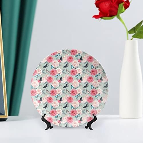 Декоративни чинија со рози и пеперутка керамички плочи wallид виси декор со приказ за украс за домашна канцеларија