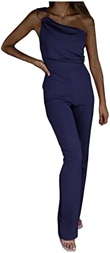lcepcy Едно рамо џемпери за жени модни ленти без грб тело каросерија цврсти долги панталони со џебови со џебови