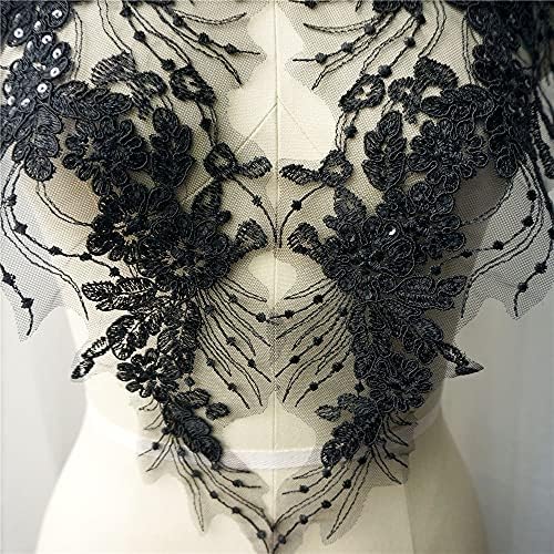 Eodnsofn 2pcs црн секвен цвет од свадбена облека за свадбени наметка аплики чипка ткаенина извезена исеченост јака меш