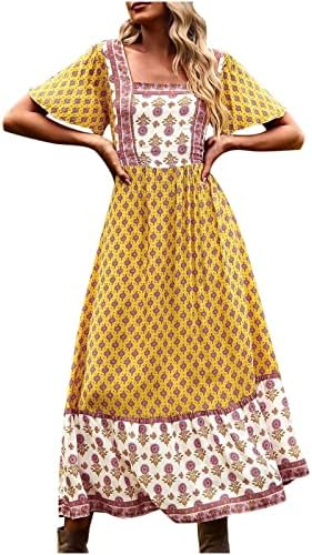 HCJKDU BOHO Фустани за жени квадратни врат Краток ракав цветен принт Макси фустан лабав летен летен одмор долг фустан