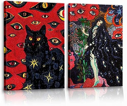Black Cat Coone Hippy Trinelelic Funny Cool Girls Flower Eyes Black and Red Posters Wall Art Mystery Animal Plants Star Painting