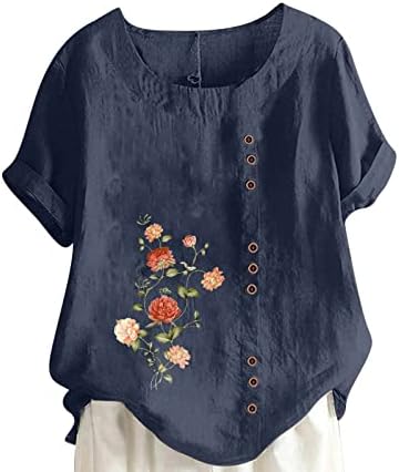 Преголеми врвови со памучни постелнини за жени трендовски цветни печати кратки ракави кошули со екипаж летни лабави фит -копчиња со блузи
