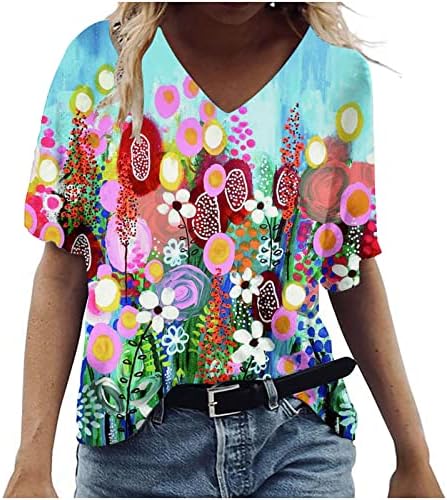 Тинејџерски девојки длабоко против вратот Памук цветни графички лабави се вклопуваат преголема опуштена вклопена обична маица за жени есен лето