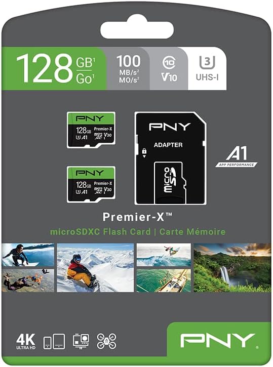 PNY 128gb Премиер-X Класа 10 U3 V30 microSDXC Флеш Мемориска Картичка 2-Пакет - 100MB/s, Класа 10, U3, V30, A1, 4K UHD, Full