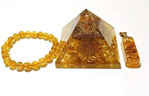 Пирамида со кристал на цитрин со пирами со симбол на цвет на живот, камена нараквица и оргон приврзок ѓердан комбо за чистење на аура,