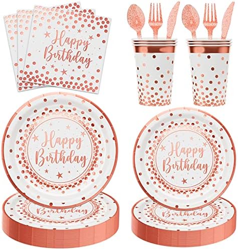 Партии за розово злато, среќни роденденски плочи и салфетки служи 16, вклучува златни плочи, чаши, салфетки и сребрени производи за украси