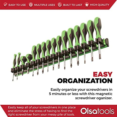 Организатор на магнетски шрафцигер Олса алатки | Држач на магнетна алатка за професионален квалитет | Се вклопува до 16 шрафцигери | Зелена