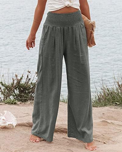 Женски памучни постелнини панталони еластични високи половини лабави широки нозе дневни јога панталони тунични панталони со џебови со