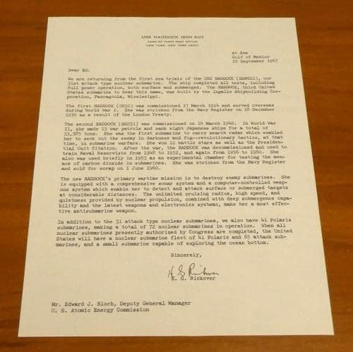 Адмиралот Хајман Г. Риковер Татко На Нуклеарната Морнарица Потпиша Писмо Од 1967 Година Целосно ЈСА ЛОА-Потписи За Намалување На Колеџот