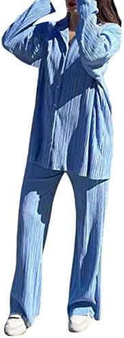 Обични облеки на жени со 2 парчиња, копче со долг ракав надолу со плетени кошула + панталони поставени