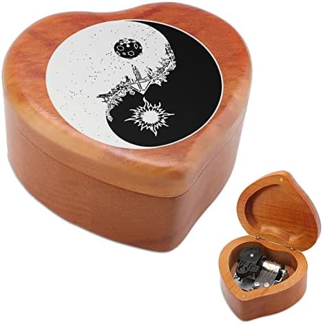 Јин-Јанг Град Дрвена музичка кутија за ветровито во форма на срце во форма на печатени музички кутии за роденден на годишнината од в Valentубените