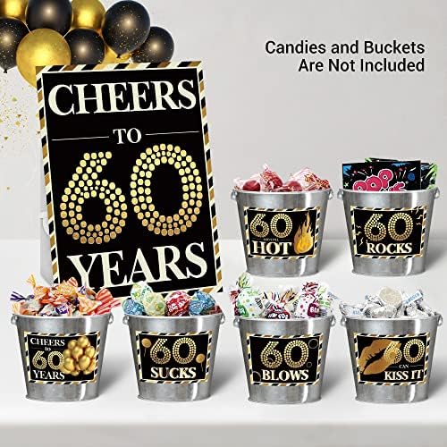 Селепати 60 -ти роденденски украси мажи жени, црно злато весела до 60 години знак, големи смешни налепници за лепило за бонбони за корпи за тегла,