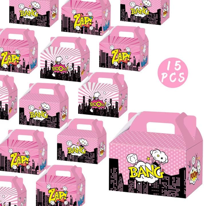 Hbavfihnbg 15pcs Супер херој девојче забава фаворит третираат кутии, розов херој роденденски партии торби суперхерој девојки тематски забави