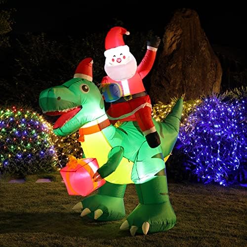 Д-р Дуду 7 ФТ Божиќно надувување на Дедо Мраз на диносаурус, градежни LED светла ги разнесе Божиќните украси за отворено двор градинарски
