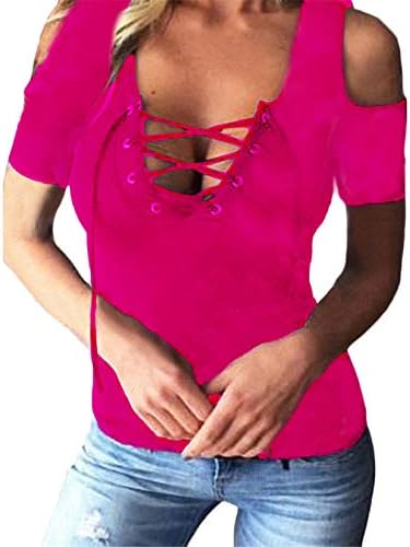 Angенска женска секси секси надвор од рамената јаже со кратки ракави со кратки ракави v вратот на предната маица предна маица