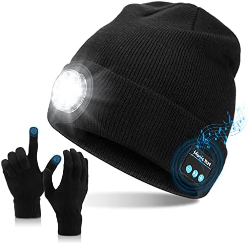 Alltope v5.0 Bluetooth Beanie Hat со нараквици сет, USB LED за полнење на Unisex факел капа за мажи, безжични раце зимски музички капачиња