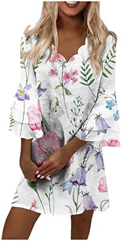 Ајазо летни фустани за жени 2023 мода свеж печатен V-Neck 3/4 ракави мини фустан случајна елегантна сума на плажа Бохо