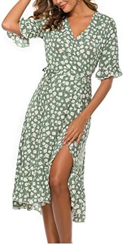 Wpoumv boho фустани за жени цветни печати половина ракав против вратот фустан летен случајен слој фустан моден проток макси фустан
