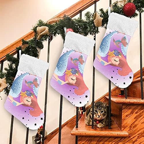 Божиќни чорапи на Алаза, 18 инчи Бурлап со голема симпатична сирена на starвезди и кадифен крзно чорапи, за семејни празници Божиќни