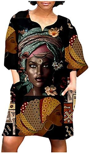 Плус Големина Африкански Фустани За Жени Гроздобер Печатење V Вратот Среден Ракав Обичен Мини Фустан Со Џеб