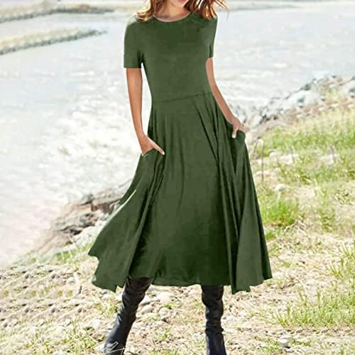 Faseенски мода летна цврста боја со кратки ракави џеб фустан за пулвер