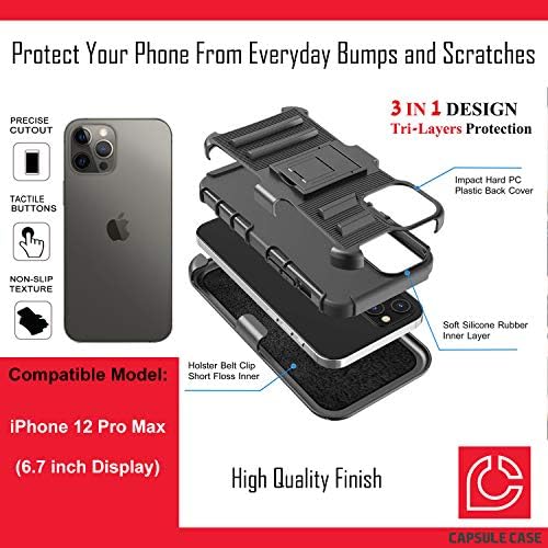 Случај охајо Компатибилен со iPhone 12 Pro Max [Заштита Од Воено Одделение Отпорна На Удари Тешка Футрола За Футрола За Заштита на Црно