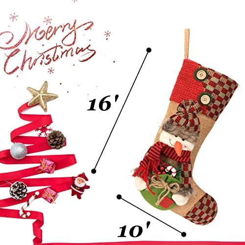 Easfan 2pcs Божиќни Чорапи Постави Големи 16 Burlap Карирани Божиќни Чорапи СО 3D Снешко Дедо Мраз Шема Камин Виси Чорапи Деца Подарок