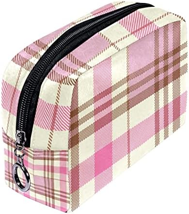 Мала торба за шминка, патент торбичка за козметички организатор за жени и девојчиња, розова светлина жолтенаволна тартан карирана