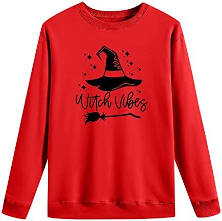 Хоксин Намаст вештерки писмо шема дуксер женски Ноќта на вештерките екипаж на екипаж со долг ракав пулвер врвот лабава обични џемпери